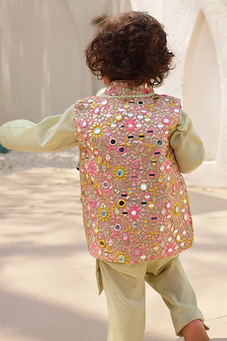 Shop Fayon Kids Green Georgette, Cotton Mirrors, Sequins Floral Embroidered Bundi Kurta Set at Aza Fashions Shop_Fayon Kids_Green Georgette, Cotton Mirrors, Sequins Floral Embroidered Bundi Kurta Set _at_Aza_Fashions