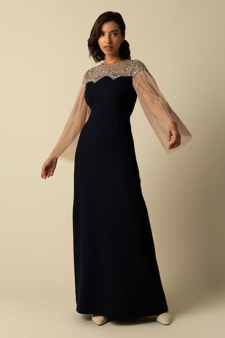 RAISHMA Blue Crepe Embroidered Crystals Round Sandy Billowing Sleeves Gown 