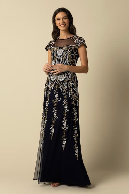 RAISHMA Blue Tulle Embroidered Sequin Round Maris Floral Gown 