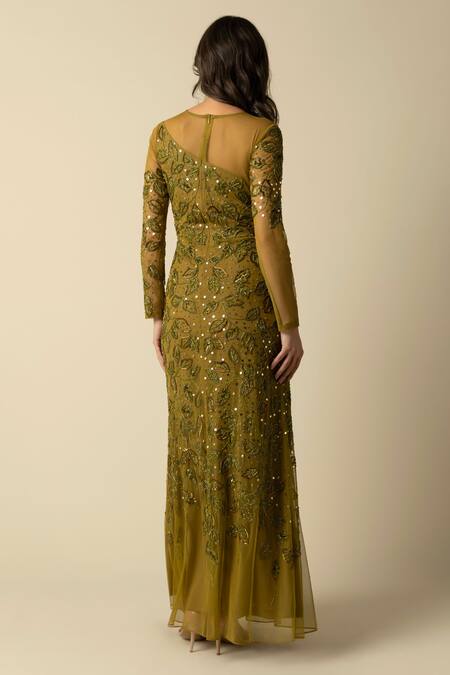 Shop_Raishma_Green Tulle Sequins, Beads Round Neck Sally Leaf Motif Embroidered Gown_at_Aza_Fashions