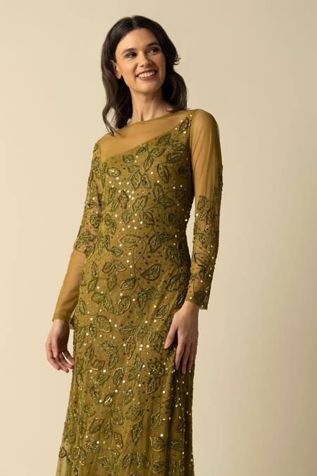 Raishma_Green Tulle Sequins, Beads Round Neck Sally Leaf Motif Embroidered Gown_Online_at_Aza_Fashions
