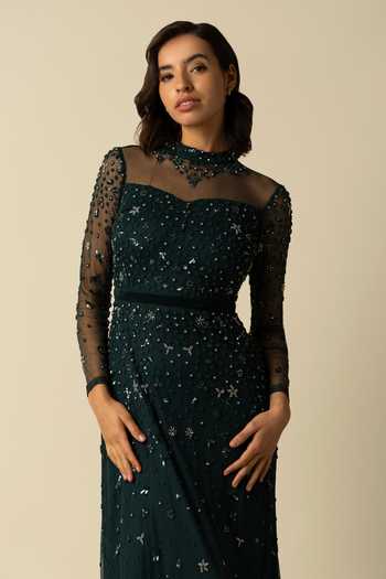 Raishma Green Tulle Sequins, Beads High Neck Ashley Floral Embroidered Gown Online at Aza Fashions Raishma_Green Tulle Sequins, Beads High Neck Ashley Floral Embroidered Gown _Online_at_Aza_Fashions
