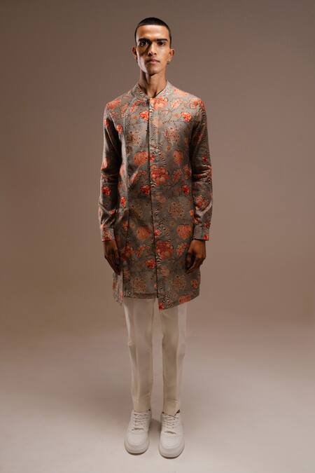 Buy_Project Bandi_Grey Chanderi, Cotton Embroidery Hamdard Long Kurta With Pant_Online_at_Aza_Fashions