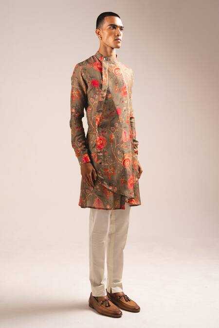 Project Bandi_Brown Cotton, Maheshwari Lace Garden Of Eden Pleated Angrakha With Pant _Online_at_Aza_Fashions