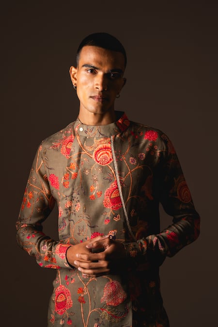 Shop_Project Bandi_Brown Cotton, Maheshwari Lace Garden Of Eden Pleated Angrakha With Pant _Online_at_Aza_Fashions