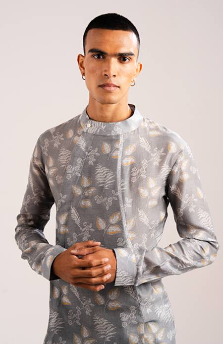 Shop_Project Bandi_Grey Cotton Embroidery Mountain Pleated Angrakha With Pant _Online_at_Aza_Fashions