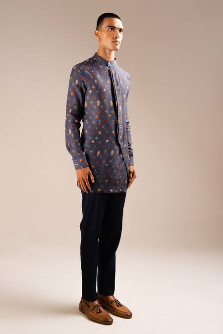 Buy_Project Bandi_Blue Maheshwari, Cotton Embroidery Flora Kurta And Pant Set _Online_at_Aza_Fashions