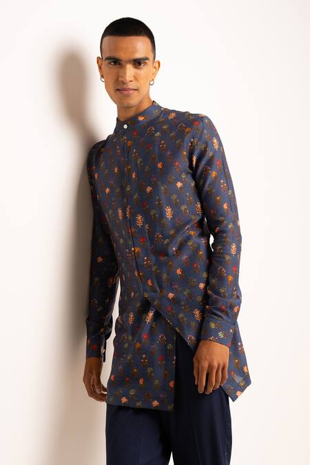 Project Bandi_Blue Maheshwari, Cotton Embroidery Flora Kurta And Pant Set _at_Aza_Fashions