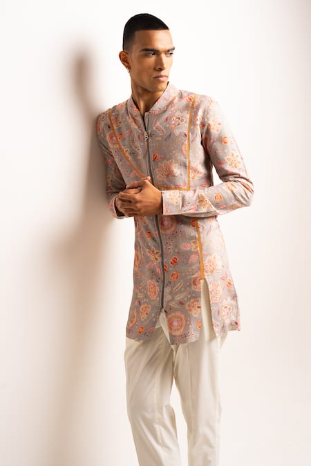 Project Bandi_Grey Cotton, Linen Embroidery Stone Versailles Kurta And Pant Set _Online_at_Aza_Fashions