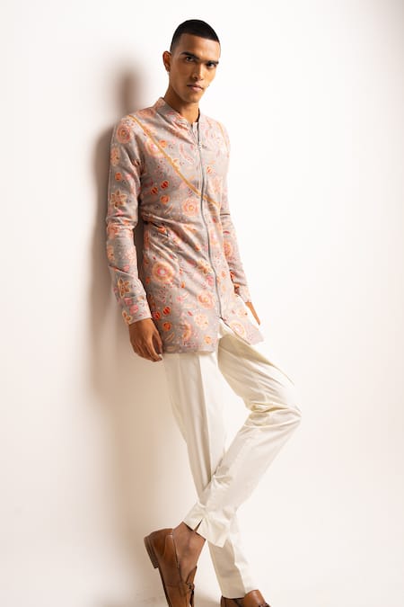 Buy_Project Bandi_Grey Cotton, Linen Embroidery Stone Versailles Kurta And Pant Set _Online_at_Aza_Fashions