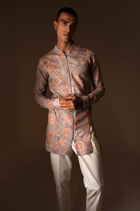 Buy_Project Bandi_Grey Cotton, Linen Embroidery Stone Versailles Kurta And Pant Set 