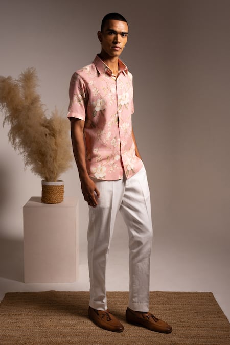 Shop_Project Bandi_Pink Cotton Linen Printed Flower Under The Sky Shirt _at_Aza_Fashions