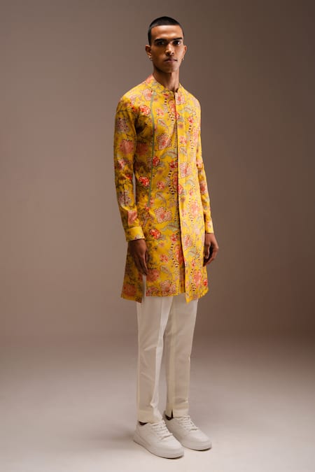 Buy Project Bandi Yellow Cotton, Chanderi Embroidery Hamdard Long Kurta And Pant Set Online at Aza Fashions Buy_Project Bandi_Yellow Cotton, Chanderi Embroidery Hamdard Long Kurta And Pant Set _Online_at_Aza_Fashions