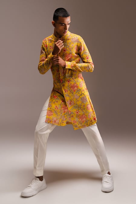 Shop Project Bandi Yellow Cotton, Chanderi Embroidery Hamdard Long Kurta And Pant Set Online at Aza Fashions Shop_Project Bandi_Yellow Cotton, Chanderi Embroidery Hamdard Long Kurta And Pant Set _Online_at_Aza_Fashions