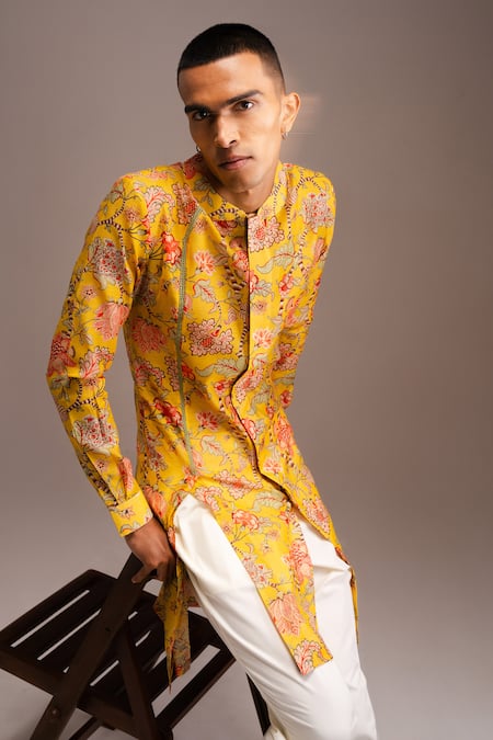 Buy Project Bandi Yellow Cotton, Chanderi Embroidery Hamdard Long Kurta And Pant Set Buy_Project Bandi_Yellow Cotton, Chanderi Embroidery Hamdard Long Kurta And Pant Set