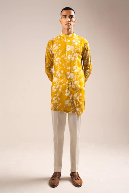 Project Bandi Yellow Kurta Mallai Cotton Printed Rose Pajama Set