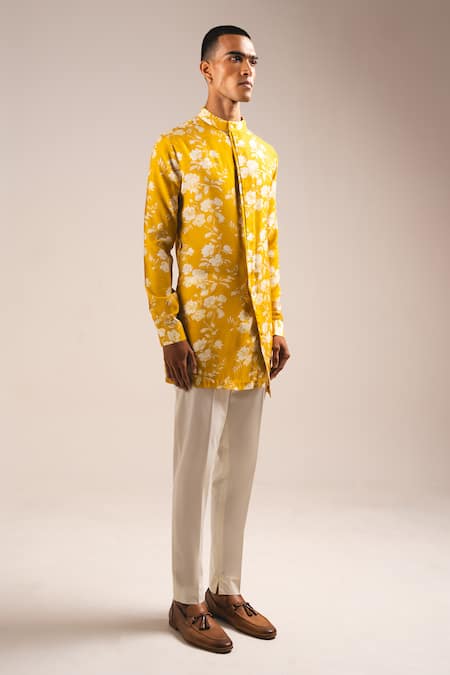 Shop_Project Bandi_Yellow Cotton Embroidery Rose Print Kurta Pajama Set _at_Aza_Fashions