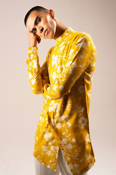 Project Bandi_Yellow Cotton Embroidery Rose Print Kurta Pajama Set _Online_at_Aza_Fashions
