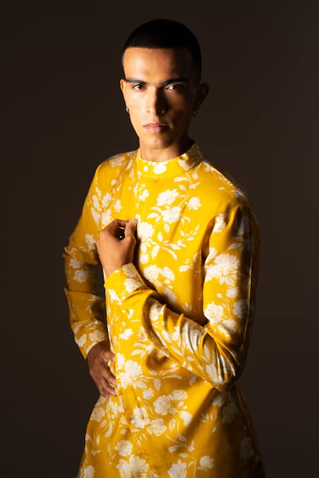 Buy_Project Bandi_Yellow Cotton Embroidery Rose Print Kurta Pajama Set _Online_at_Aza_Fashions