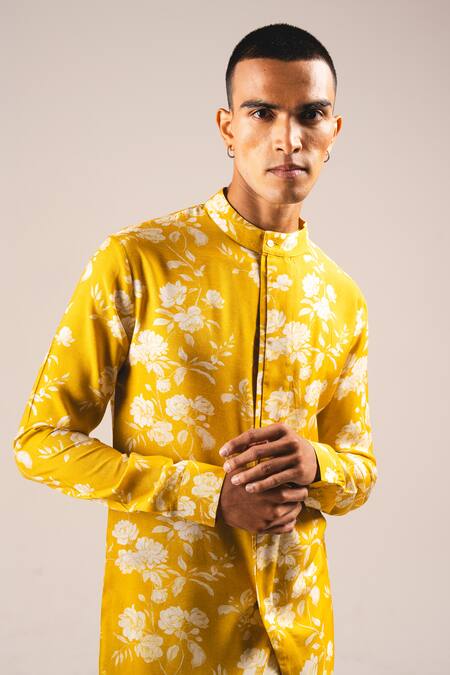 Project Bandi_Yellow Cotton Embroidery Rose Print Kurta Pajama Set _at_Aza_Fashions
