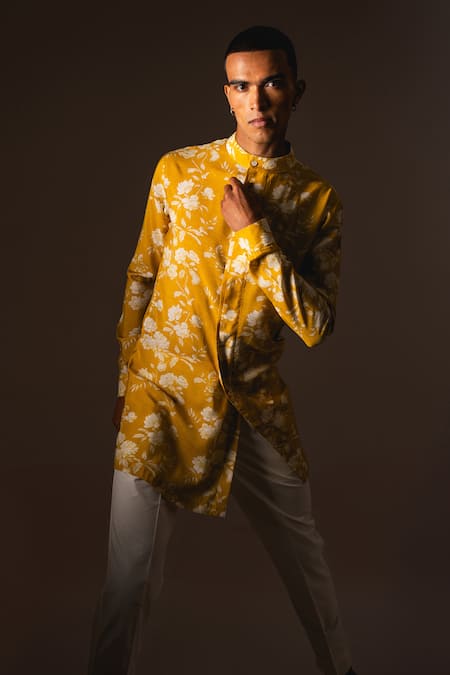 Buy_Project Bandi_Yellow Cotton Embroidery Rose Print Kurta Pajama Set 