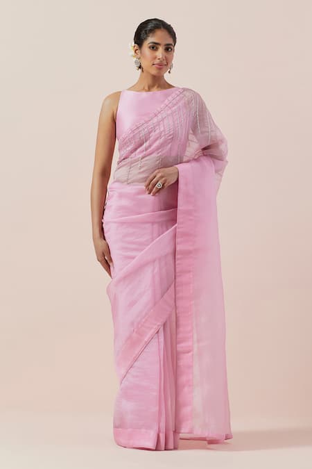 Shop Priyal Prakash Pink Silk Organza, Chanderi Sequins, Zari, Beads Boat Neck Embroidered Saree Set Shop_Priyal Prakash_Pink Silk Organza, Chanderi Sequins, Zari, Beads Boat Neck Embroidered Saree Set