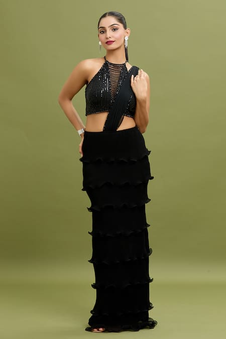 Buy_Arpan Vohra_Black Georgette Pearls, Sequins Tiered Ruffle Pre-draped Saree With Blouse 