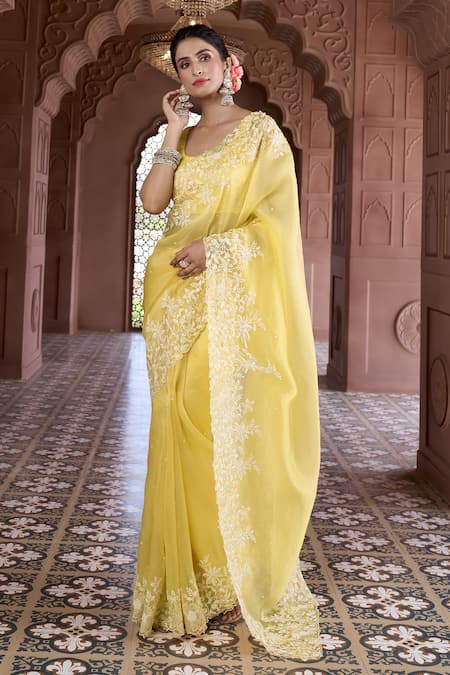 Aariyana Couture Yellow Saree And Blouse Silk Organza Embroidered Floral U Neck With 