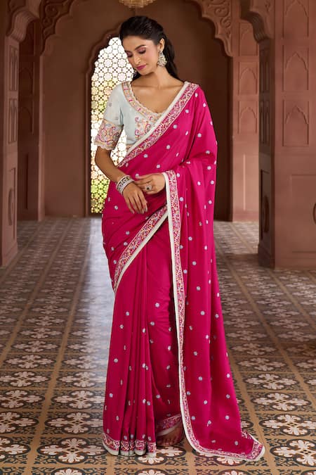 Aariyana Couture Pink Saree And Blouse Katan Silk Embroidered Floral Scalloped Neck Thread With