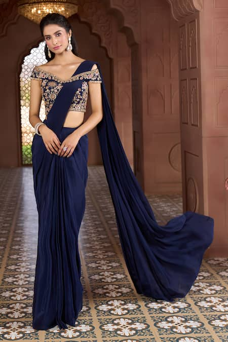 Aariyana Couture Blue Viscose Crepe Hand Embroidered Floral Off Pre-draped Saree With Blouse 