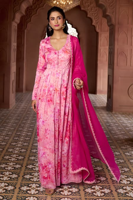 Aariyana Couture Pink Anarkali Silk Chanderi Printed Cherry Blossom V Neck With Dupatta
