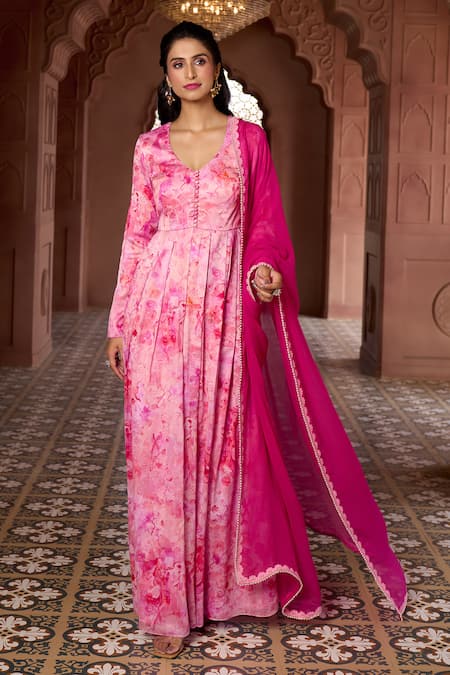 Aariyana Couture Pink Anarkali Silk Chanderi Printed Cherry Blossom V Neck With Dupatta 