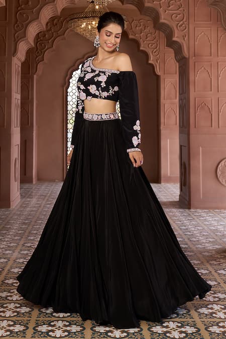 Aariyana Couture Black Viscose Crepe Hand Embroidered Floral One Shoulder Blouse And Skirt Set