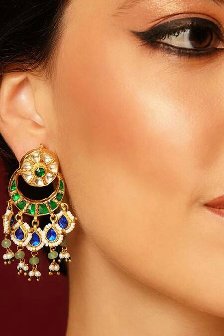 Shop_MAISARA JEWELRY_Green Stones, Beads Embellished Chandbalis_Online_at_Aza_Fashions