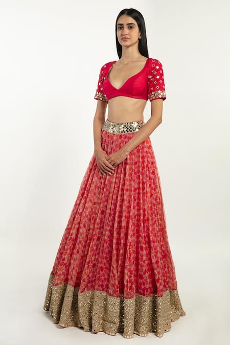Abhinav Mishra Pink Lehenga- Organza Embroidered Mirror And Zari Floral Print Bridal Set