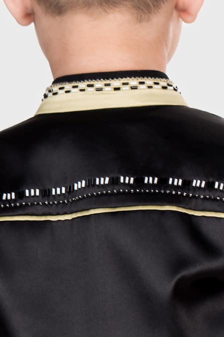 Shop_Toplove_Black Satin, Cotton Cut Work Rustique Blazer Pant Set _at_Aza_Fashions