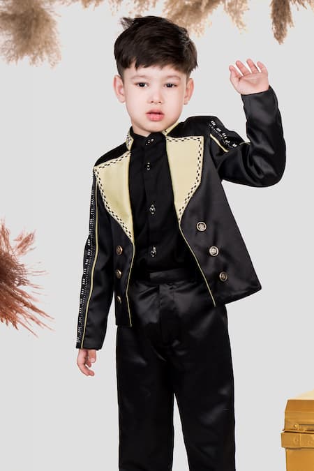 Toplove_Black Satin, Cotton Cut Work Rustique Blazer Pant Set _Online_at_Aza_Fashions