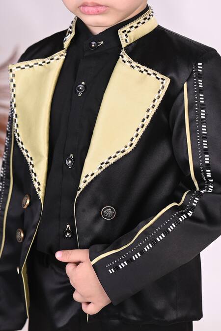 Shop_Toplove_Black Satin, Cotton Cut Work Rustique Blazer Pant Set _Online_at_Aza_Fashions