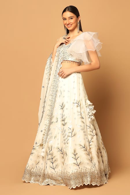 Shop Two Sisters By Gyans White Georgette Beads, Sequins V-neck Garden Embroidered Lehenga Set Online at Aza Fashions Shop_Two Sisters By Gyans_White Georgette Beads, Sequins V-neck Garden Embroidered Lehenga Set _Online_at_Aza_Fashions