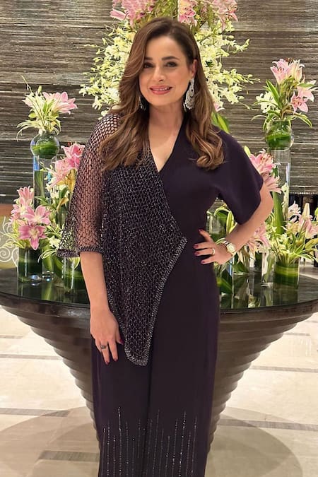 Babita Malkani_Purple Crepe Crystals V-neck Embroidered Jumpsuit _at_Aza_Fashions