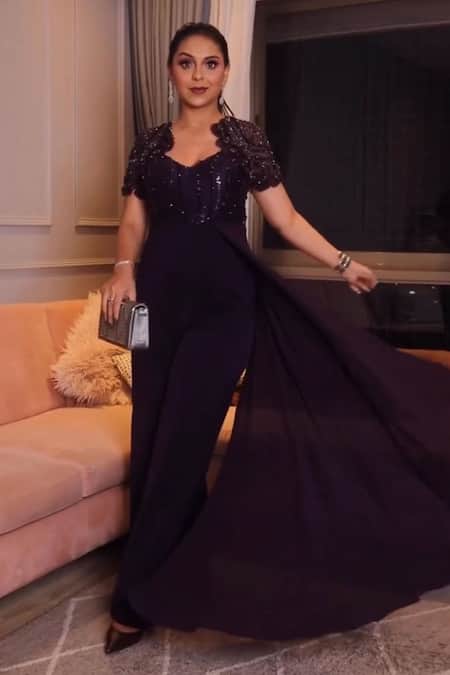 Babita Malkani Purple Italian Crepe Embroidered Sequin V Neck Crystal Jumpsuit 