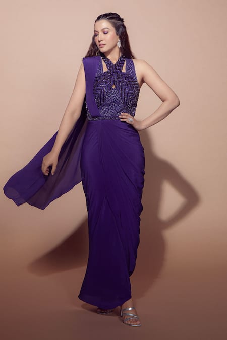 Babita Malkani Purple Silk Crepe Embroidered Sequin Criss Cross Pre Draped Saree