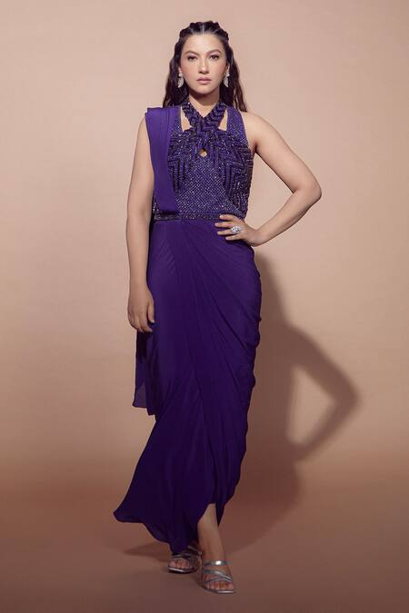 Buy_Babita Malkani_Purple Silk Crystals, Sequins Embroidered Pre Draped Saree _Online_at_Aza_Fashions