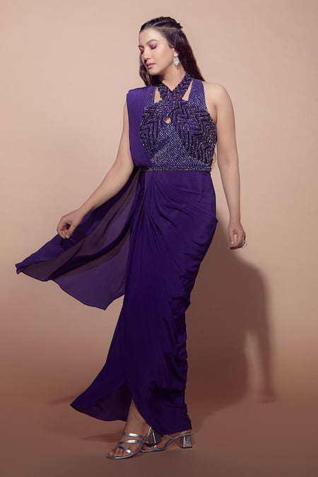 Shop_Babita Malkani_Purple Silk Crystals, Sequins Embroidered Pre Draped Saree _Online_at_Aza_Fashions