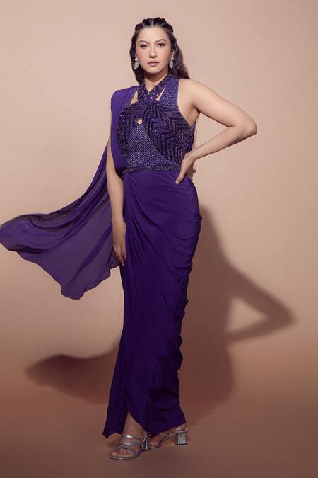 Babita Malkani_Purple Silk Crystals, Sequins Embroidered Pre Draped Saree _at_Aza_Fashions