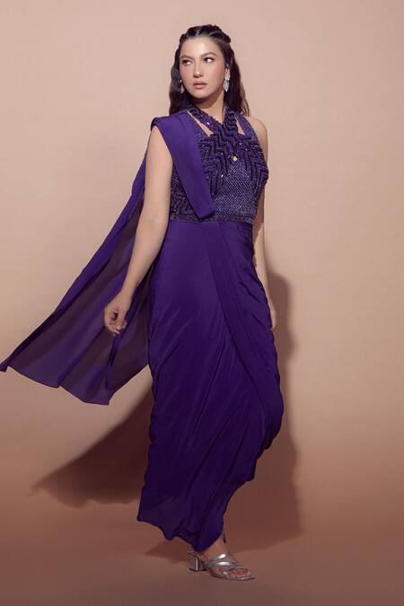 Buy_Babita Malkani_Purple Silk Crystals, Sequins Embroidered Pre Draped Saree 
