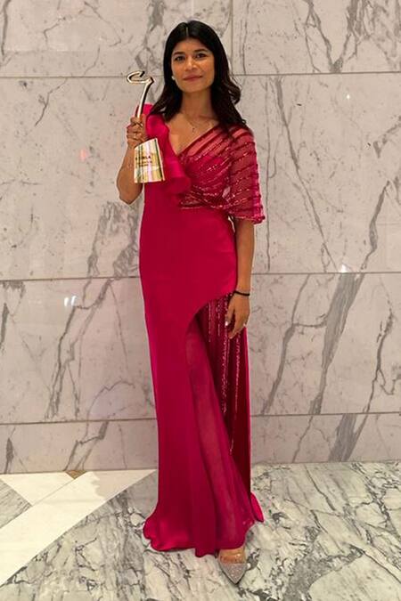 Shop_Babita Malkani_Pink Organza, Tulle, Silk Satin Embroidery Round Neck Draped Jumpsuit _Online_at_Aza_Fashions