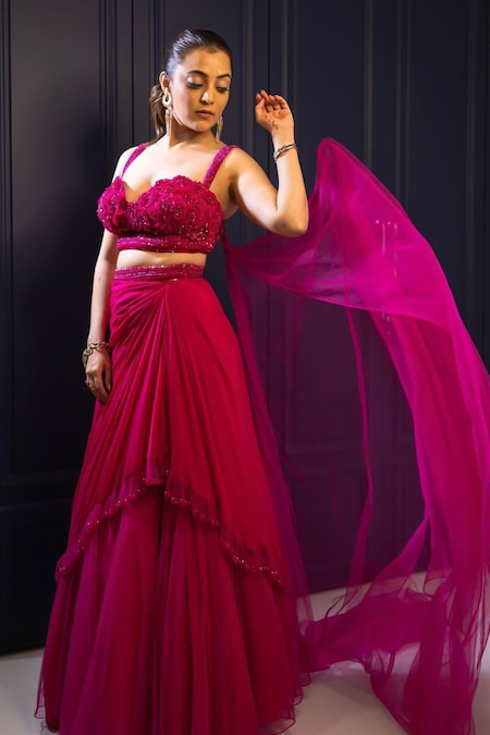 Babita Malkani Pink Tulle Embroidered Sequin Sweetheart Neck Floral Top And Layered Lehenga Set