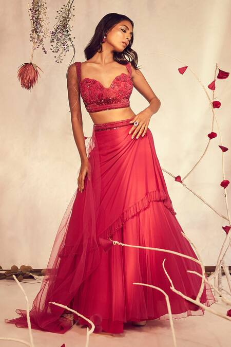 Babita Malkani_Pink Tulle, Crepe, Georgette Sequins, Crystals, Floral Top And Layered Lehenga Set _Online_at_Aza_Fashions