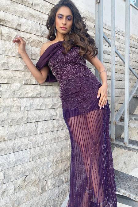 Shop_Babita Malkani_Wine Organza, Tulle Sequins, Crystals One Shoulder Embroidered Gown 